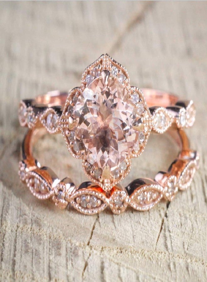 MAIHAO 18K Solid Rose Gold Morganite Pink Gemstone Ring Set Women Wedding Bridal Set Women Jewelry Size 6-10 (US Code 9) - Image 2